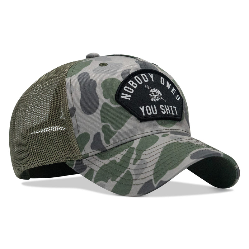 Load image into Gallery viewer, Nobody Owes You Shit Arched Skull Patch Snapback
