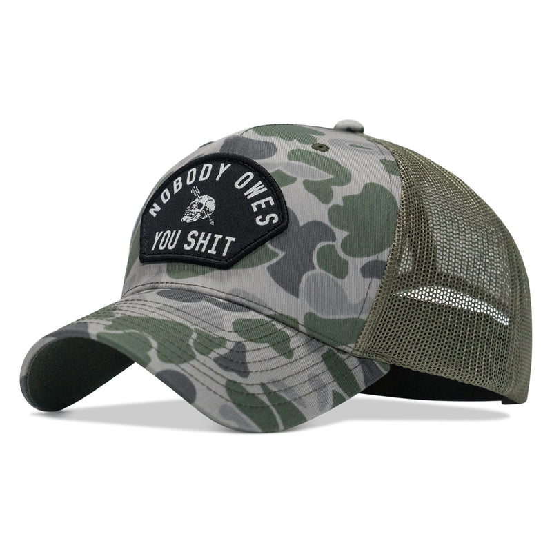 Load image into Gallery viewer, Nobody Owes You Shit Arched Skull Patch Snapback
