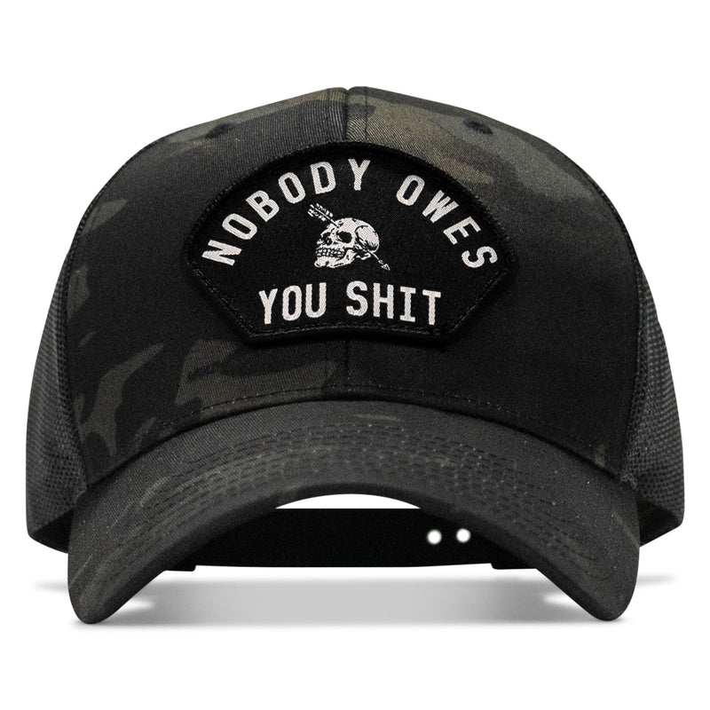 Load image into Gallery viewer, Nobody Owes You Shit Arched Skull Patch Snapback

