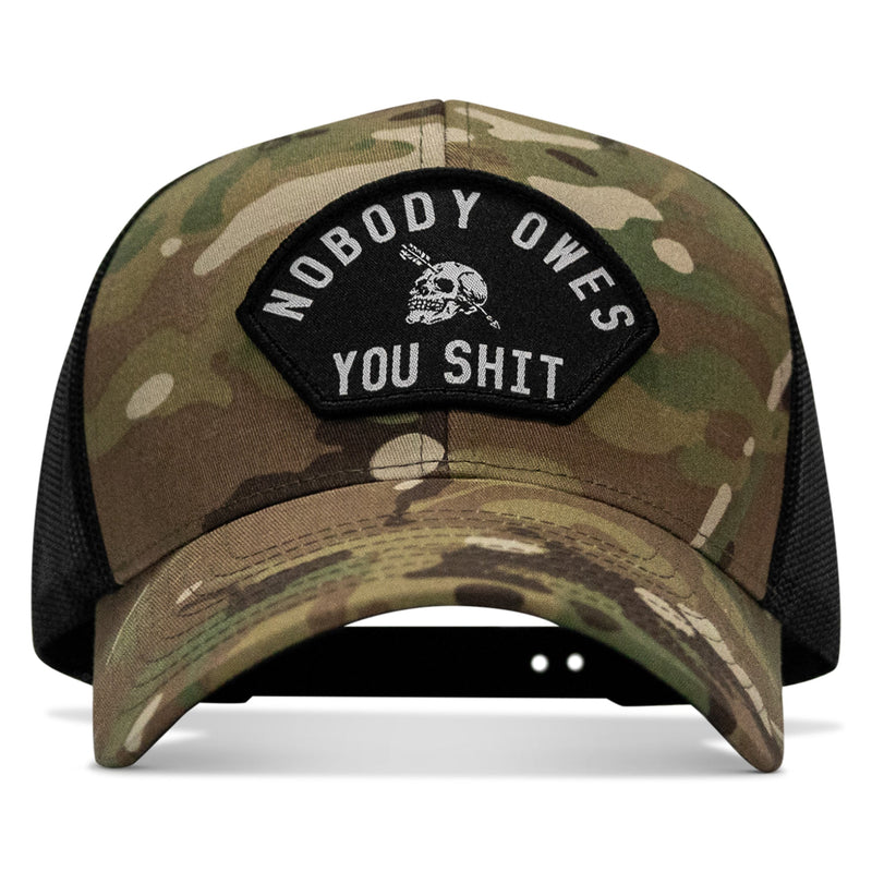Load image into Gallery viewer, Nobody Owes You Shit Arched Skull Patch Snapback
