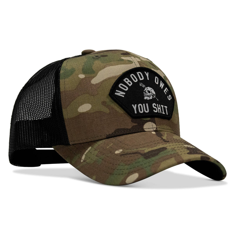 Load image into Gallery viewer, Nobody Owes You Shit Arched Skull Patch Snapback
