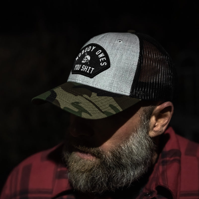 Load image into Gallery viewer, Nobody Owes You Shit Arched Skull Patch Snapback
