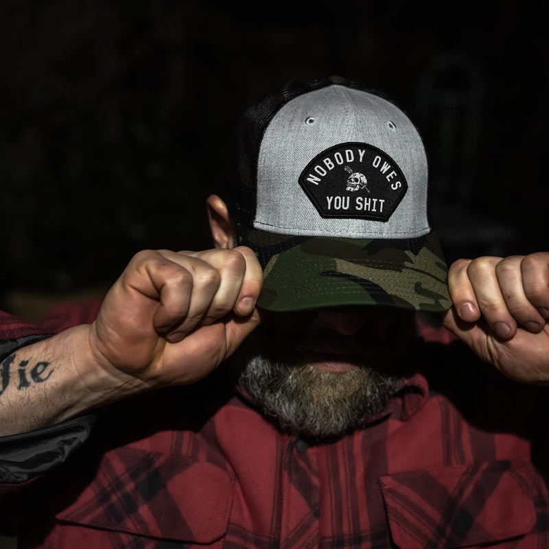 Load image into Gallery viewer, Nobody Owes You Shit Arched Skull Patch Snapback
