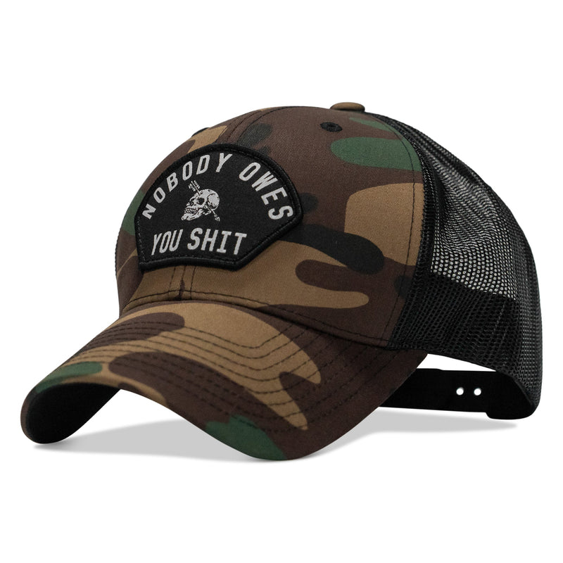 Load image into Gallery viewer, Nobody Owes You Shit Arched Skull Patch Snapback
