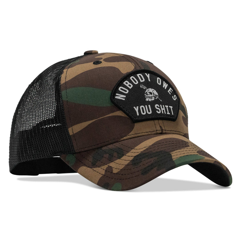 Load image into Gallery viewer, Nobody Owes You Shit Arched Skull Patch Snapback
