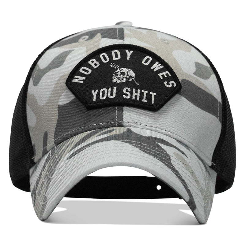 Load image into Gallery viewer, Nobody Owes You Shit Arched Skull Patch Snapback
