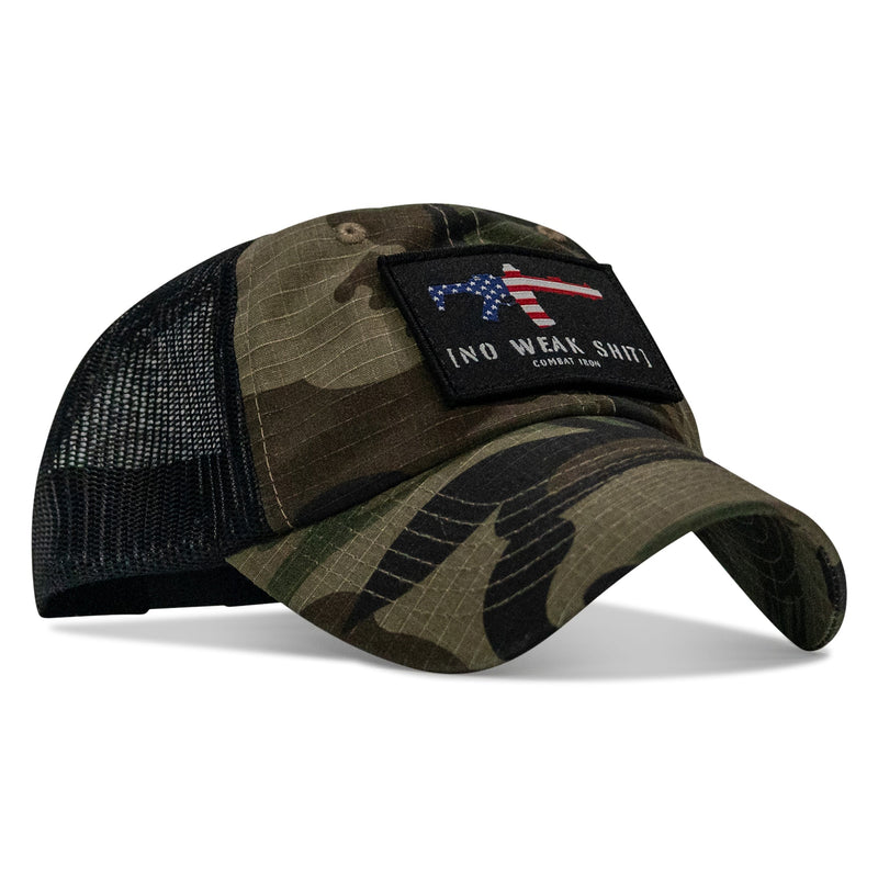 Load image into Gallery viewer, No Weak Shit American Flag Rifle Patch Tactical Ripstop Mesh Snapback Hat

