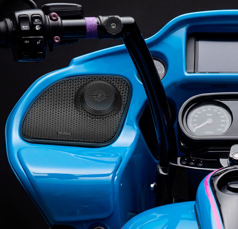 Load image into Gallery viewer, Harley-Davidson Road Glide 2014–2023 Front Stage Audio Upgrade Kit | 6.5" Slim Midrange Speakers + Bullet Tweeter NVY Grilles
