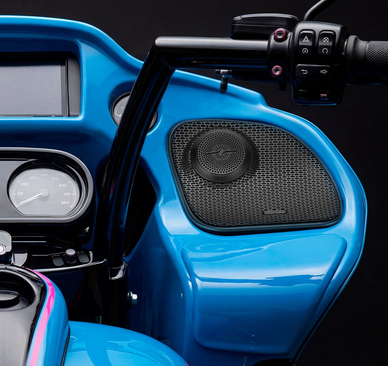 Load image into Gallery viewer, Harley-Davidson Road Glide 2014–2023 Front Stage Audio Upgrade Kit | 6.5" Slim Midrange Speakers + Bullet Tweeter NVY Grilles
