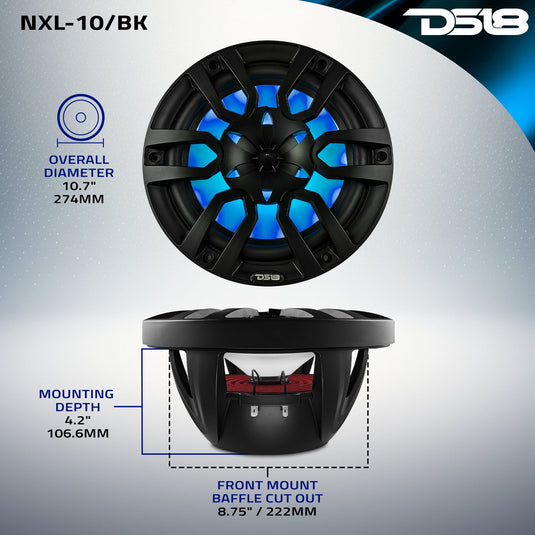 NXL 10" 2-Way Coaxial Marine Speaker With LED RGB Lights | 200W RMS 4-Ohm