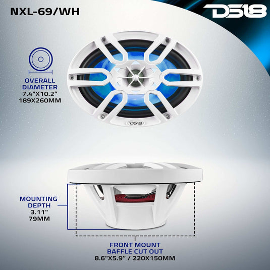 NXL 6x9" 2-Way Coaxial Marine Speaker With LED RGB Lights 125 Watts Rms 4-Ohm -White - Skoutley Outdoors LLC