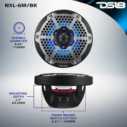 NXL 6.5" 2-Way Coaxial Marine Speaker with RGB LED Lights 100 Watts Rms 4-Ohm