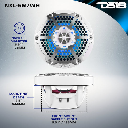 NXL 6.5" 2-Way Coaxial Marine Speaker With LED RGB Lights 100 Watts Rms 4-Ohm