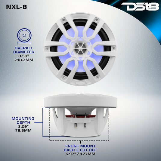 NXL 8" 2-Way Coaxial Marine Speaker With LED RGB Lights | 125W RMS 4-Ohm