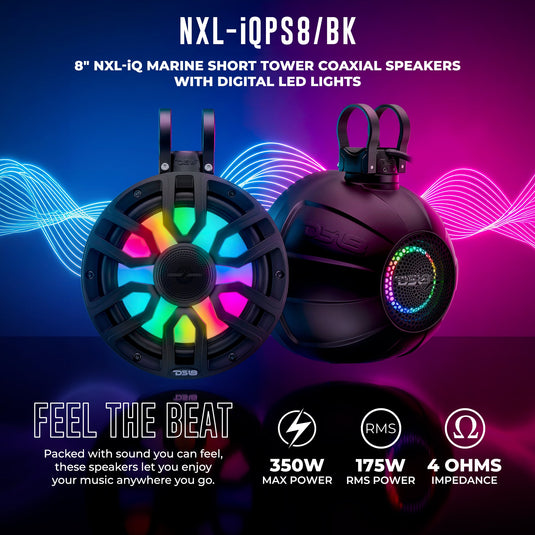 8" NXL-iQ Marine Short Tower Coaxial Speakers with Digital LED Lights, 175W RMS, 350W Max, 4-Ohm