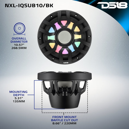 10” Marine Subwoofer with Hybrid Magnet Motor, Removable Grille and Digital LED Lights - 500W RMS 4-Ohm
