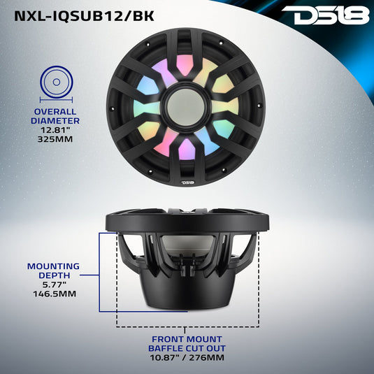 12” Marine Subwoofer with Hybrid Magnet Motor, Removable Grille and Digital LED Lights - 600W RMS 4-Ohm
