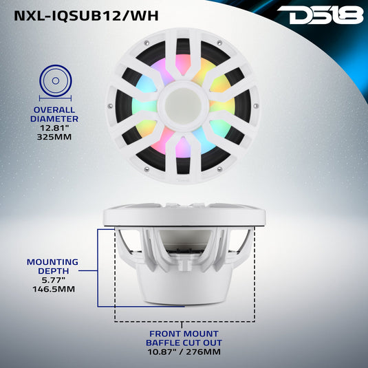 12” Marine Subwoofer with Hybrid Magnet Motor, Removable Grille and Digital LED Lights - 600W RMS 4-Ohm