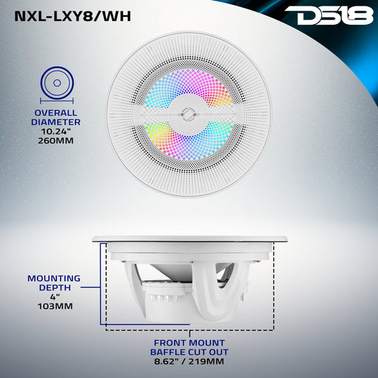 Luxury 8” 2-Way Marine Coaxial Speaker with Digital LED Lights and Flush Magnetic Mount Grille | 175W RMS 4-Ohm