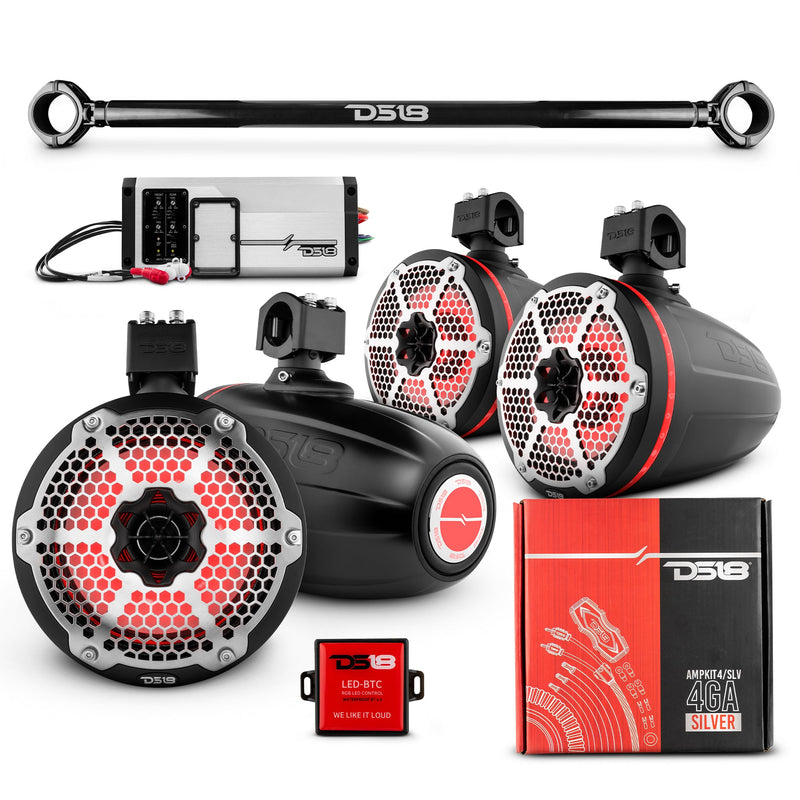 Load image into Gallery viewer, JK-TUBE 4x 8&quot; Marine Towers Speakers with RGB LED Lights, 4-Channel Marine Amplifier and AMPKIT for Jeep JK/JKU
