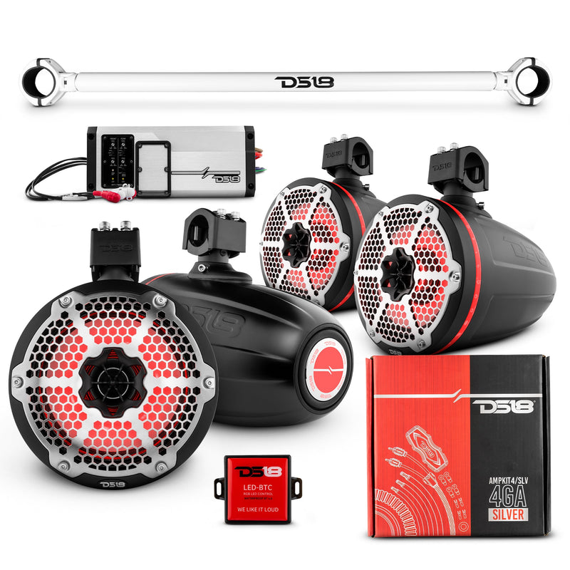 Load image into Gallery viewer, JK-TUBE 4x 8&quot; Marine Towers Speakers with RGB LED Lights, 4-Channel Marine Amplifier and AMPKIT for Jeep JK/JKU
