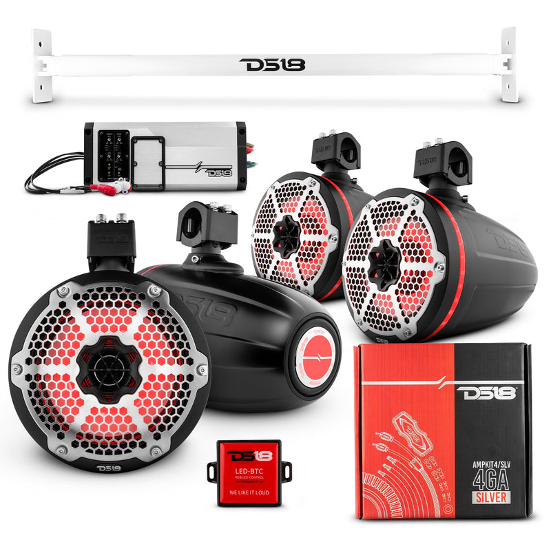 Load image into Gallery viewer, JL-TUBE 4x 8&quot; Marine Towers Speakers with RGB LED Lights, 4-Channel Marine Amplifier and AMPKIT for Jeep JL
