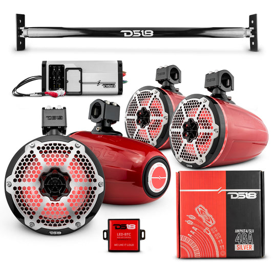 JL-TUBE 4x 8" Marine Towers Speakers with RGB LED Lights, 4-Channel Marine Amplifier and AMPKIT for Jeep JL