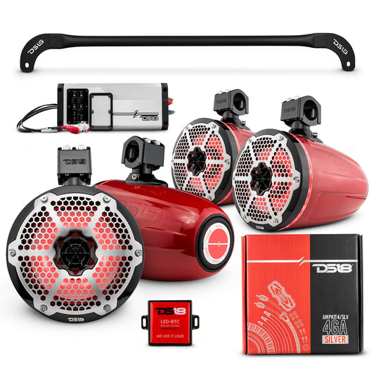 JL-TUBESOFT 4x 8" Marine Towers Speakers with RGB LED Lights, 4-Channel Marine Amplifier and AMPKIT for JLU Soft Top