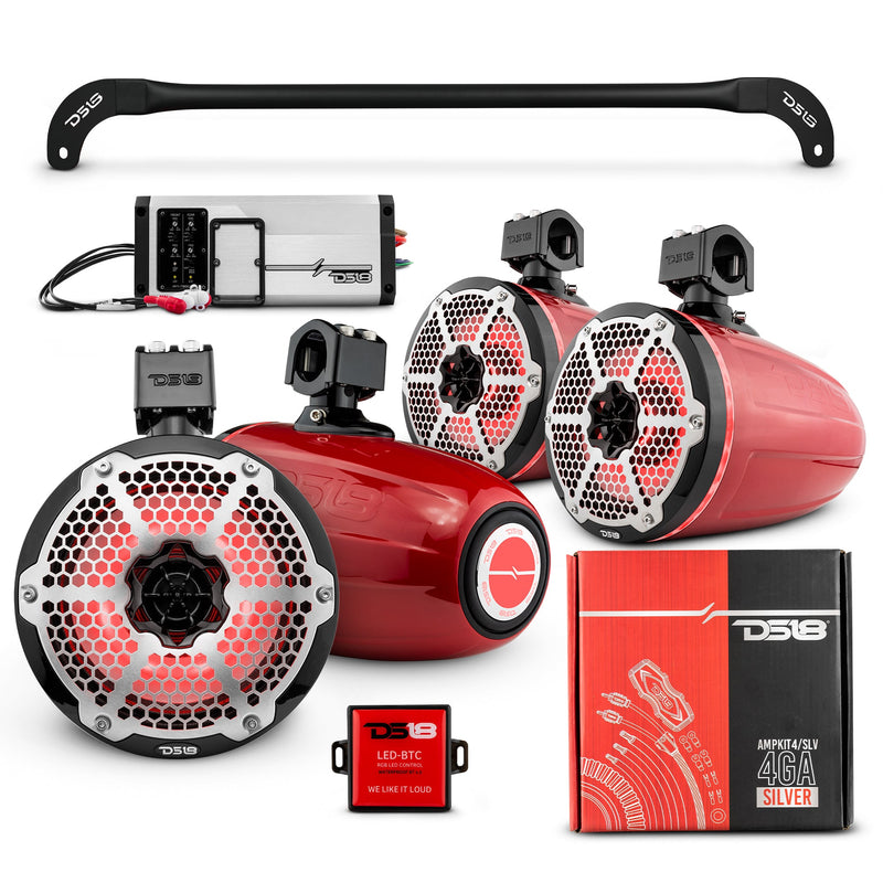 Load image into Gallery viewer, JL-TUBESOFT 4x 8&quot; Marine Towers Speakers with RGB LED Lights, 4-Channel Marine Amplifier and AMPKIT for JLU Soft Top
