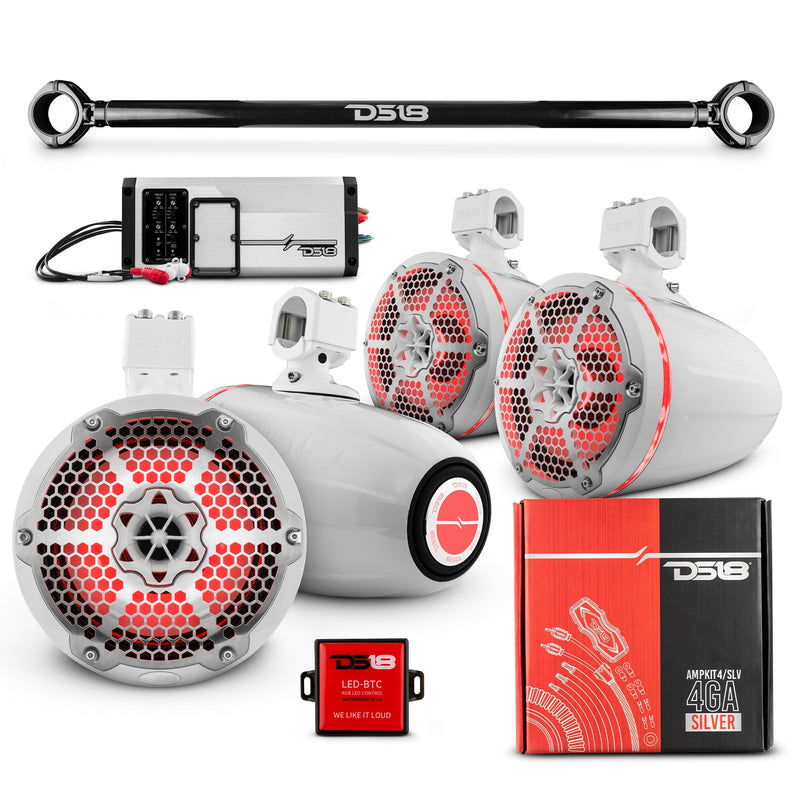 Load image into Gallery viewer, JK-TUBE 4x 8&quot; Marine Towers Speakers with RGB LED Lights, 4-Channel Marine Amplifier and AMPKIT for Jeep JK/JKU
