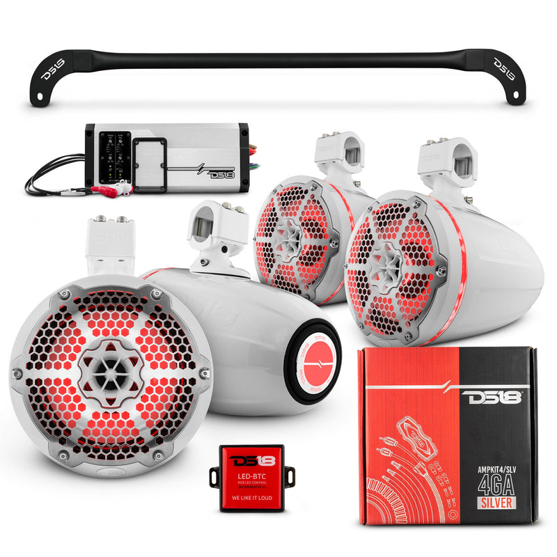 Load image into Gallery viewer, JL-TUBESOFT 4x 8" Marine Towers Speakers with RGB LED Lights, 4-Channel Marine Amplifier and AMPKIT for JLU Soft Top

