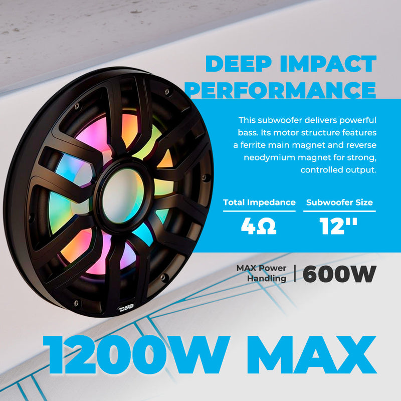 Load image into Gallery viewer, 12” Marine Subwoofer with Hybrid Magnet Motor, Removable Grille and Digital LED Lights - 600W RMS 4-Ohm
