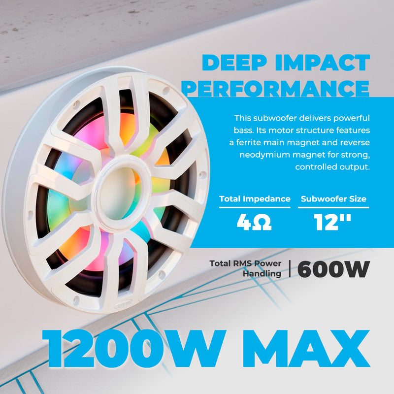 Load image into Gallery viewer, 12” Marine Subwoofer with Hybrid Magnet Motor, Removable Grille and Digital LED Lights - 600W RMS 4-Ohm
