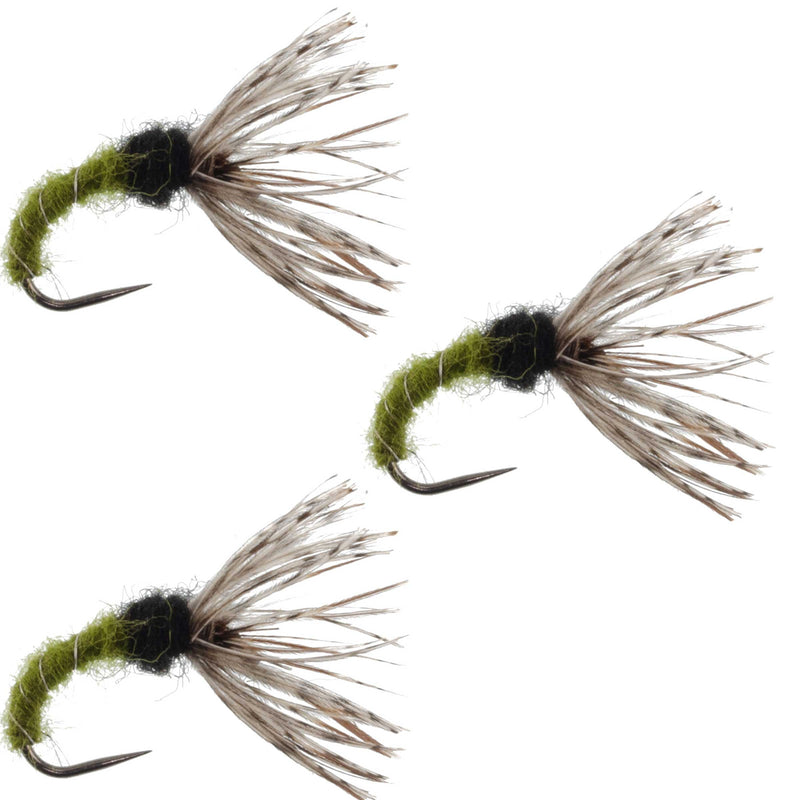 Load image into Gallery viewer, 3 Pack Olive Zebra Sakasa Kebari - Tenkara Flies - Size 16
