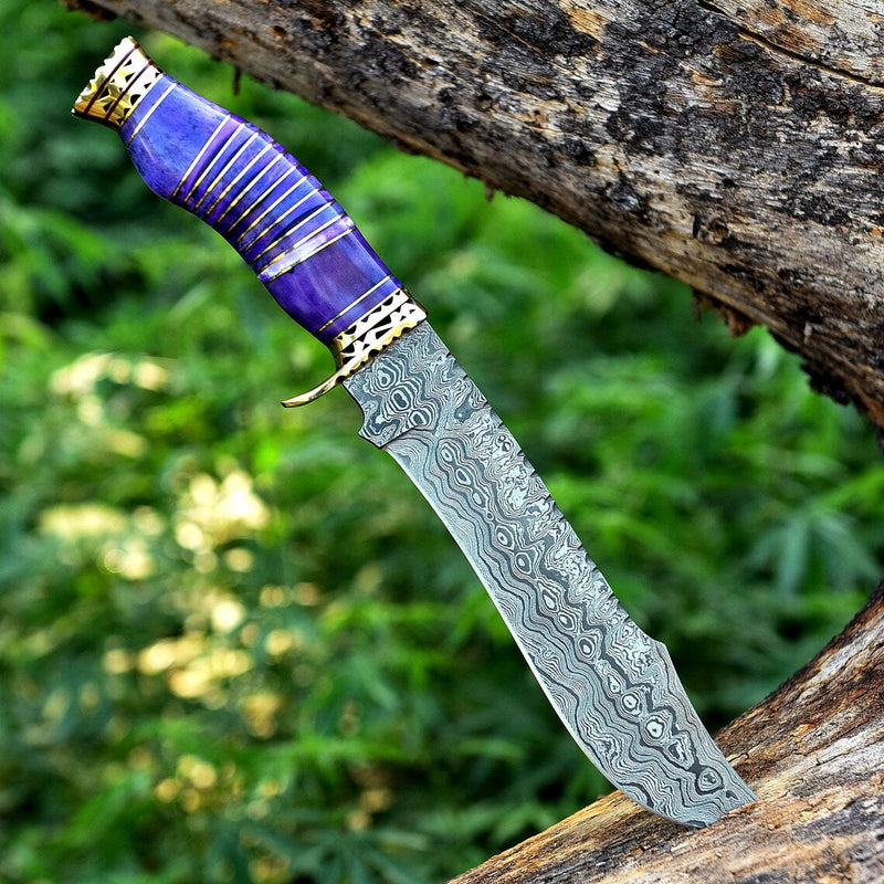 Load image into Gallery viewer, Vintage Original Damascus Steel Bowie Knife – 13" with Brass Guard and Camel Bone Handle
