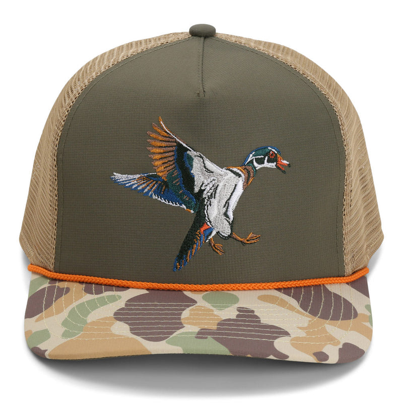 Load image into Gallery viewer, Wood Duck Hat Rope Cap 5-Panel Ridgeline Mesh Back
