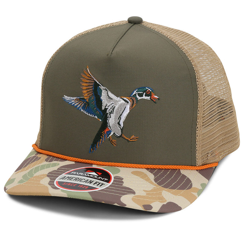 Load image into Gallery viewer, Wood Duck Hat Rope Cap 5-Panel Ridgeline Mesh Back
