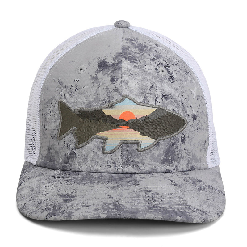 Load image into Gallery viewer, Sunset Trout Fly Fishing Mesh Back Hat Fish Mountain Silhouette
