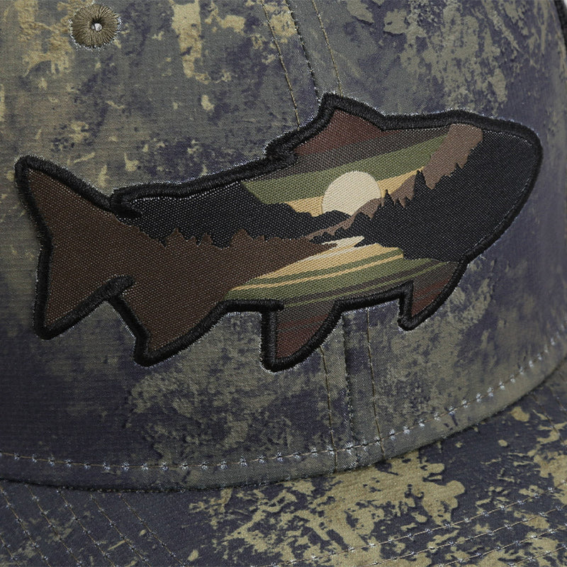 Load image into Gallery viewer, Sunset Trout Fly Fishing Mesh Back Hat Fish Mountain Silhouette
