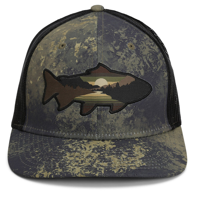 Load image into Gallery viewer, Sunset Trout Fly Fishing Mesh Back Hat Fish Mountain Silhouette
