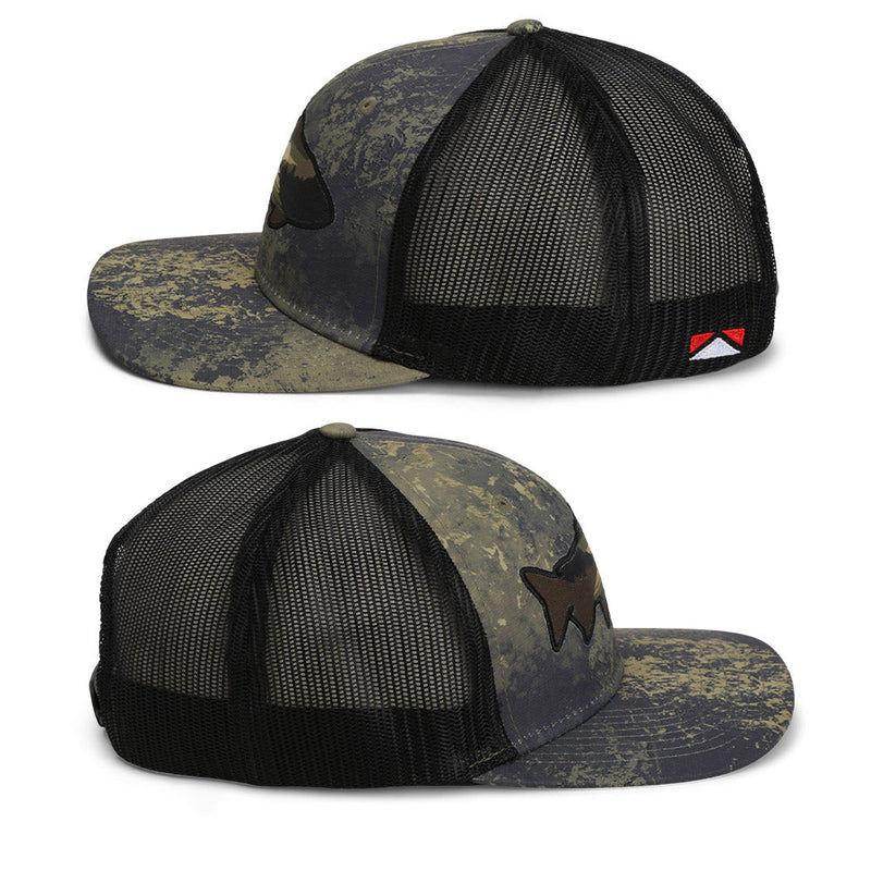 Load image into Gallery viewer, Sunset Trout Fly Fishing Mesh Back Hat Fish Mountain Silhouette
