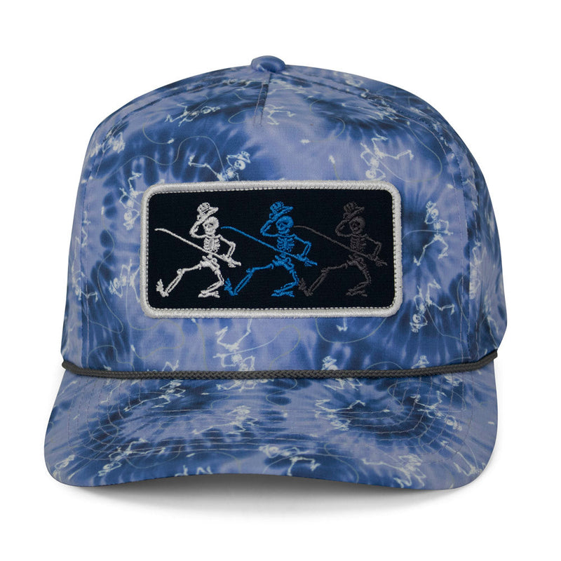 Load image into Gallery viewer, Dancing Skeletons Fly Fishing Trucker Tie Dye Rope Cap
