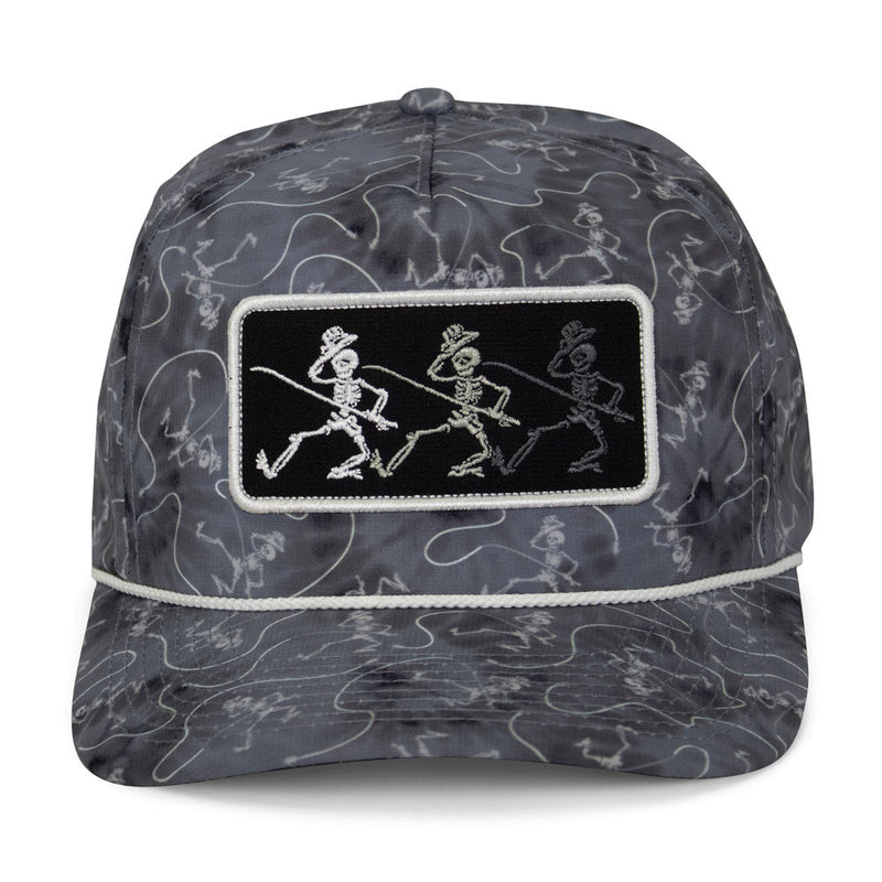 Load image into Gallery viewer, Dancing Skeletons Fly Fishing Trucker Tie Dye Rope Cap
