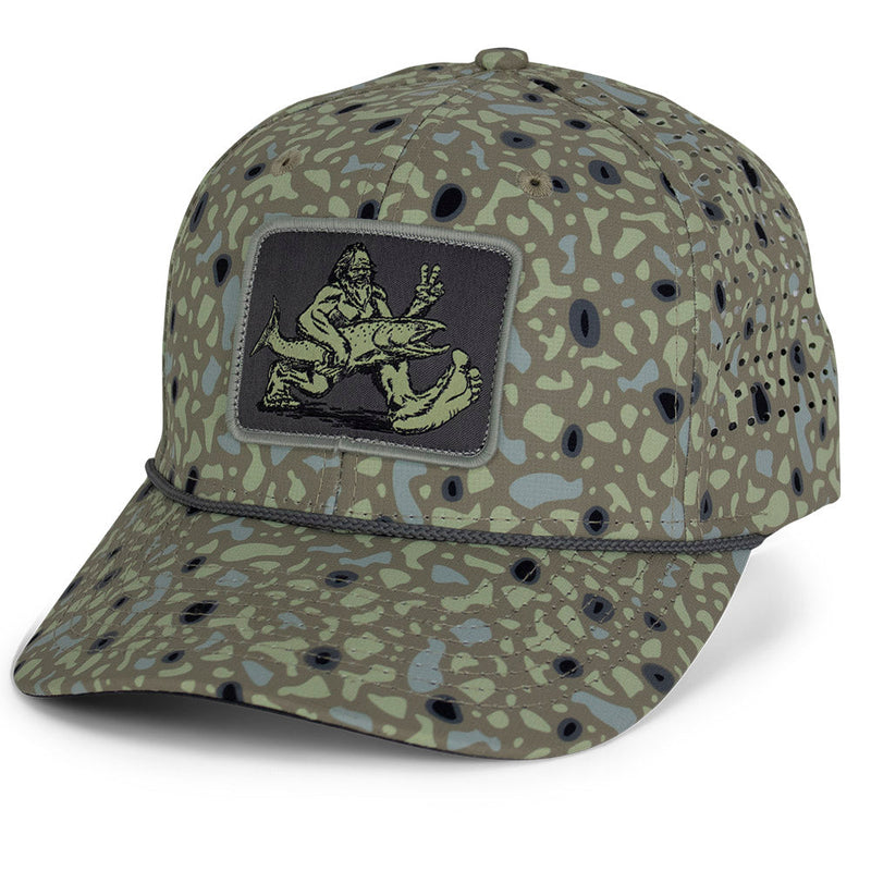Load image into Gallery viewer, Big Foot Squatch Perforated Fishing 6-Panel Rope Cap Tan
