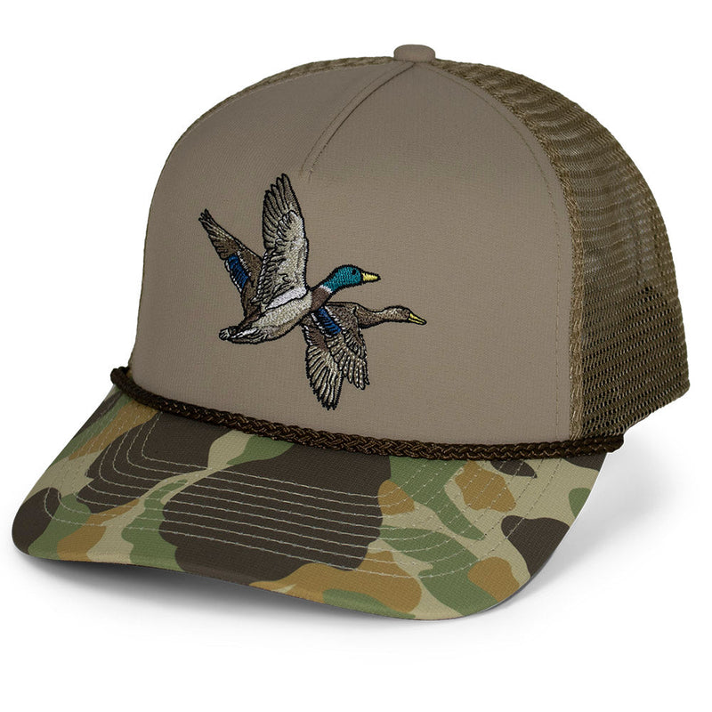 Load image into Gallery viewer, Mallard Drake Pair Old School Camo 5-Panel Trucker
