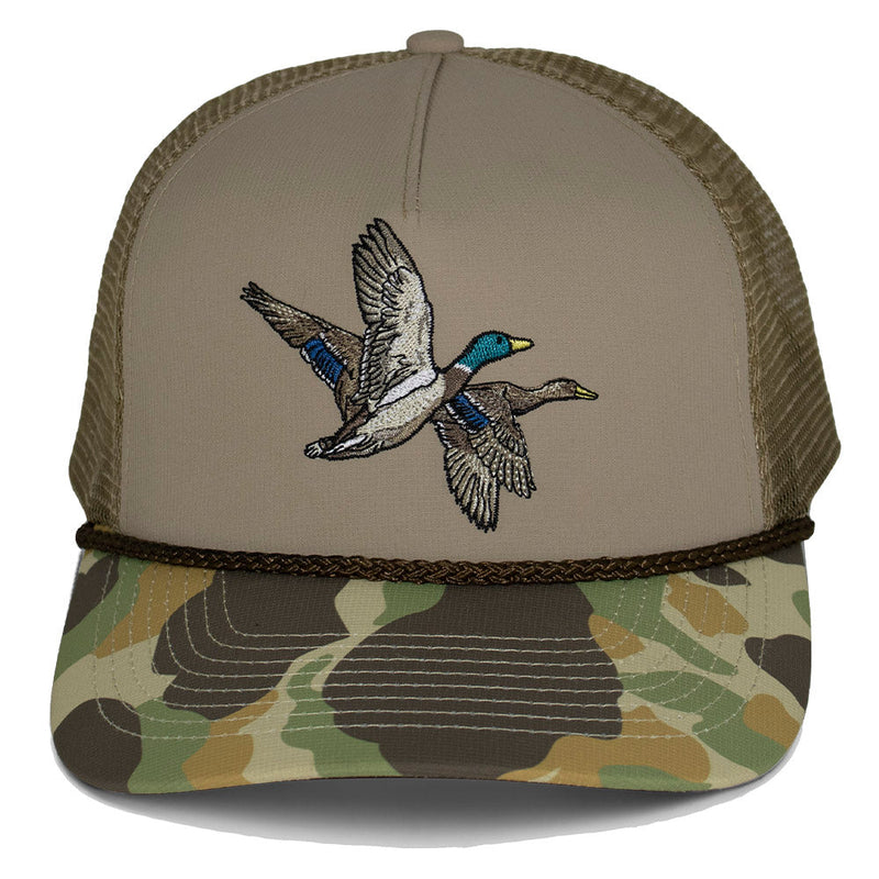 Load image into Gallery viewer, Mallard Drake Pair Old School Camo 5-Panel Trucker
