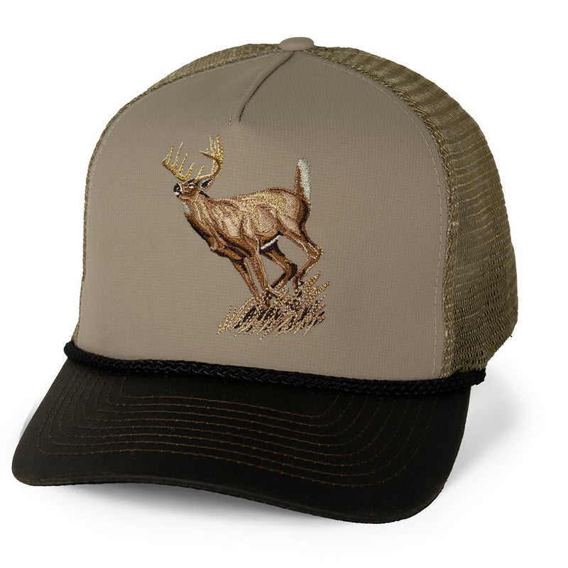 Load image into Gallery viewer, Running Deer 5-Panel Wax Cloth Visor Trucker Hat
