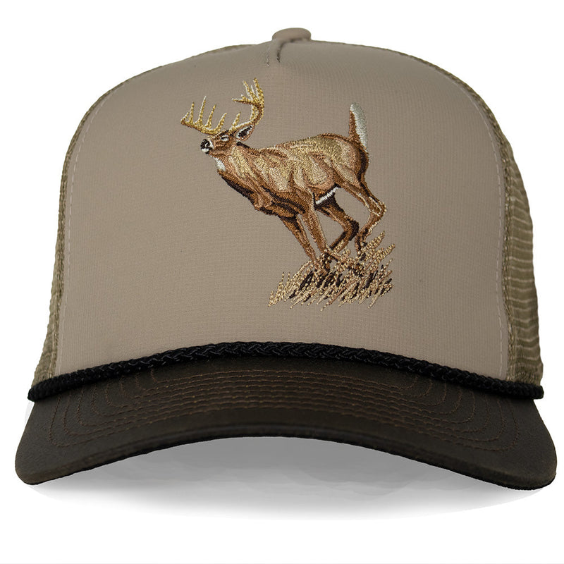 Load image into Gallery viewer, Running Deer 5-Panel Wax Cloth Visor Trucker Hat
