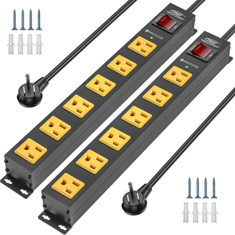 Load image into Gallery viewer, CRST 2PK Wider Spaced 6 Outlet Metal Surge Protector Power Strip 2100J 15A 1875W Heavy Duty Mountable Power Bar 6FT Flat Plug Extension Cord
