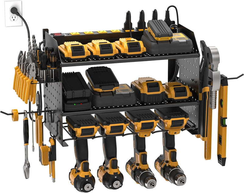 Load image into Gallery viewer, Power Tools Organizer Wall Mount, Cordless Drill Holder with 8-Outlet Power Strip, Modular Garage Organization Storage Rack 36 Months Warranty
